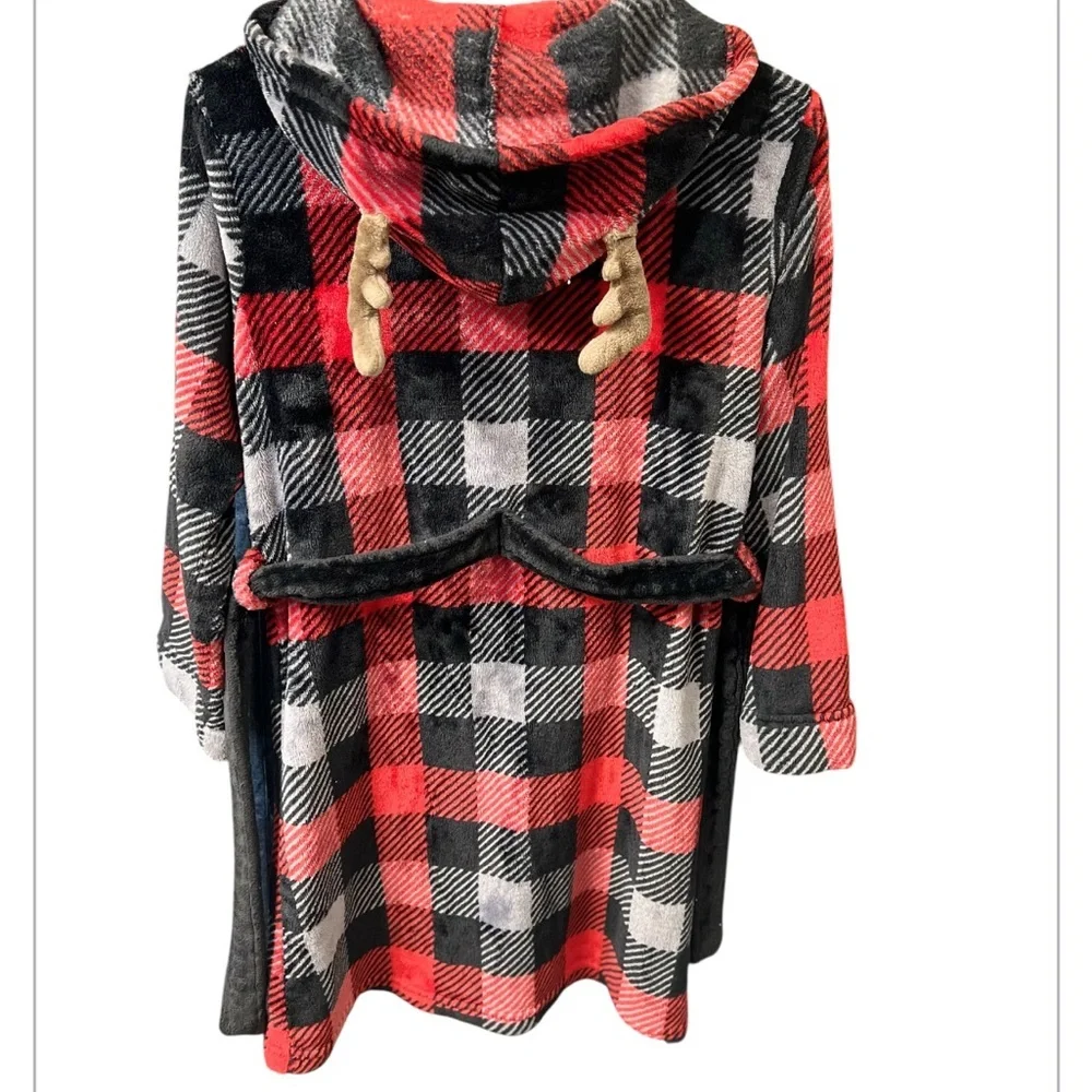 Cuddl Duds Kids Buffalo Plaid Fleece Hooded Robe w/ Antlers L (12/14)